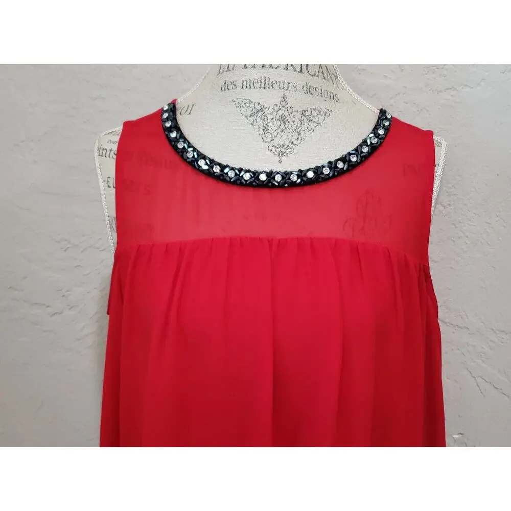 Michael Kors Red Long Sleeve Cold Shoulder Beaded Crew Neck Blouse Shirt Top